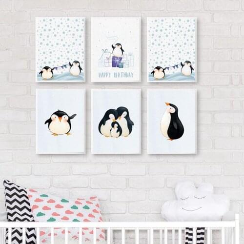 Cartoon Animals Smart Cute Family of Penguins Blue Letters Gift Canvas Painting Wall Picture Poster Living Child Room Decoration