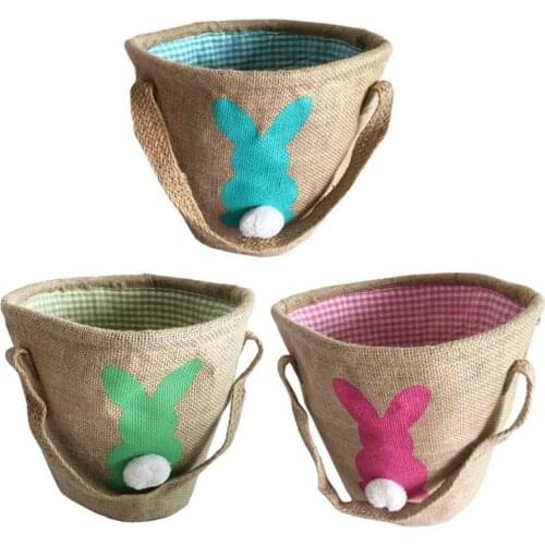 Creative Easter Bunny Jute Tote Silk Print Rabbit Basket Carry Egg Candy Bag Double Handle Handbag Festival Party Supply