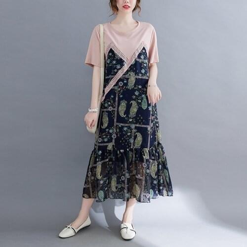 Summer Shirts Dress 2021 New Arrival Korea Style Patchwork Lace Cotton Chiffon Print Floral Fashion Chic Women Casual Midi Dress