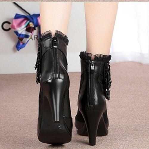 Tassel Cowhide Mesh Summer Women Boots 2021 Fine With High Heel Boots Fashion Sandals Genuine Leather Shoes Black Ankle Boots