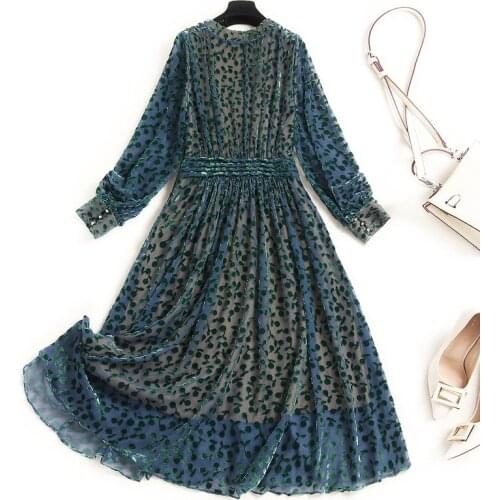 Fashion Women Dress Runway Autumn Winter Lantern Sleeve Draped V-Neck 3D Flower Print Long Party Holiday Dresses
