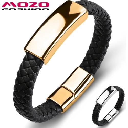 MOZO FASHION Trendy Men Black Leather Glossy Stainless Steel Bracelets Man Collocation Punk Cuffs Jewelry 2 Colors