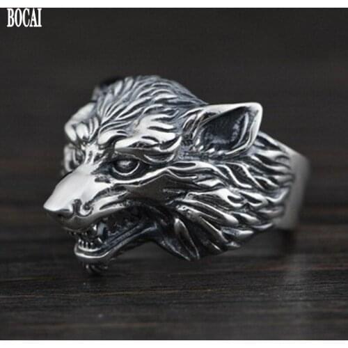 BOCAI 2020 New real S925 silver ring for man retro Thai silver adjustable ring three-dimensional wolf head man silver rings