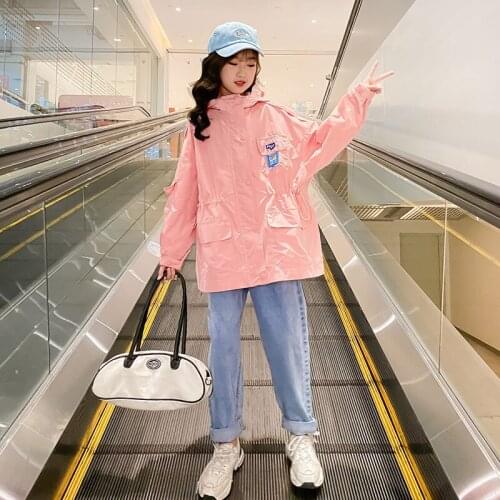 10 to 12 years Girls Hoodie Trench Coat 2021 Fall Teen Girls Pink Cotton Jackets