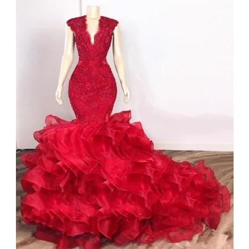 Luxury Red Mermaid Prom Dresses Lace Beaded V Neck Beads Crystals Tiered Ruffles Evening Gowns Sweep Train Formal Party Dress