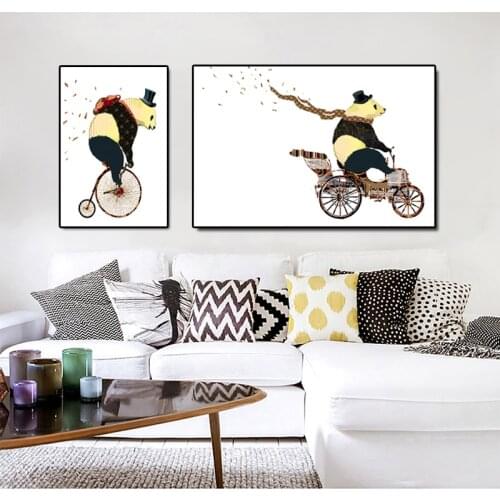 SELFLESSLY Cute Animal Art Yellow Panda Ridding Canvas Painting Wall Art Print Nordic Poster For Living Room Childrens Room