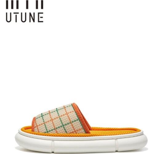 Udtune Women Slippers Indoor Shoes Mesh cloth Soft EVA Plaid Non-slip Summer Platform Shoe Ins Spring Autumn Slides Men Sandals