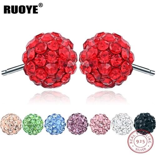 100% 925 Sterling Silver Stud Earrings Crystal Ball Earring For Women Girl Ear Silver Jewelry Size 6mm 8mm