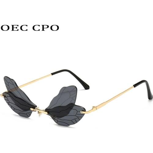 OEC CPO Fashion Dragonfly Rimless Sunglasses Women New Unique Steampunk Sunglasses Men Vintage Eyewear UV400 Oculos Feminino