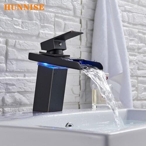 Hot and Cold Led Bathroom Waterfall Basin Faucet Copper Bathroom Basin Mixer Temperature Controlled Led Bathroom Mixer Faucet