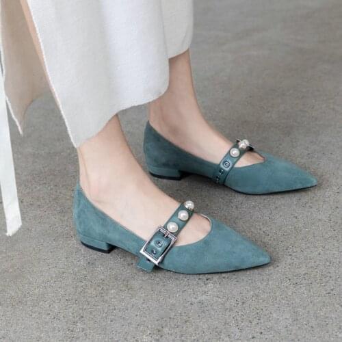 Genuine Leather Square Heel Shoes Woman Elegant Women Dress Shoes Pointed Toe Casual Ladies Shoes Black Blue