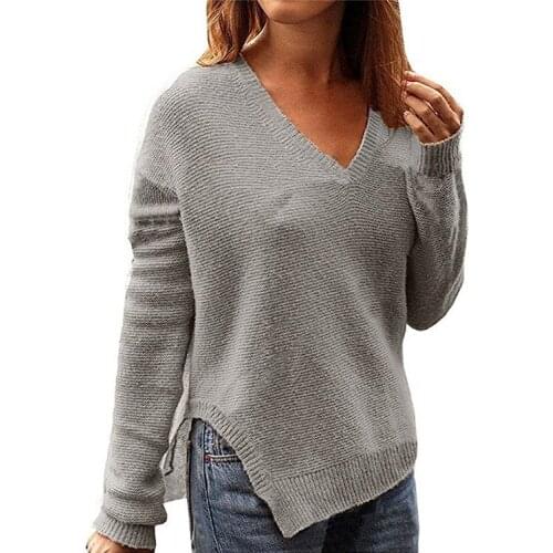LOGAMI V Neck Irregular Autumn Winter Sweater Woman Knitting Pullovers Female Fashion Sweaters