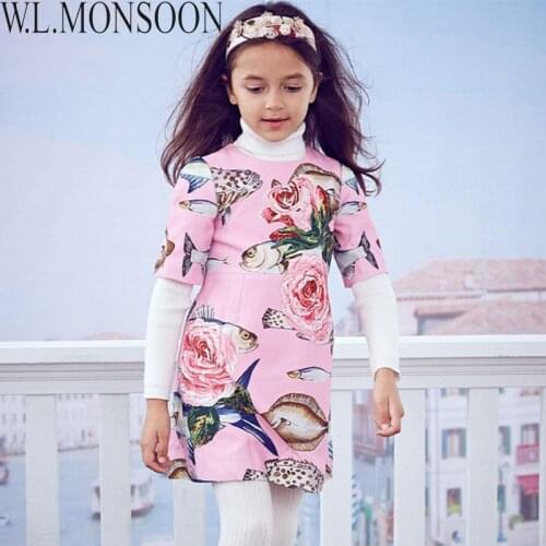 W.L.MONSOON Toddler Girls Dresses with Beading 2021 Brand Winter Princess Dress Children Vestido Fish Print Kids Christmas Dress