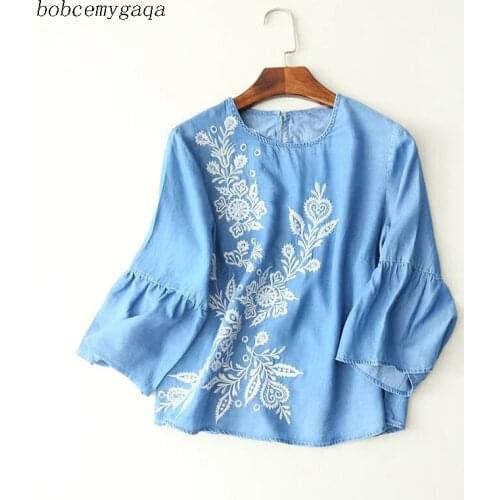 Floral embroidery denim blouse women summer autumn casual o neck soft light blue denim blouse tops and blouses blusas mujer