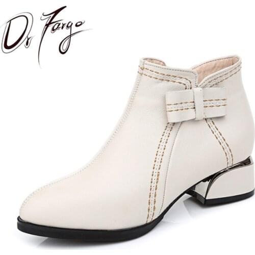 DRFARGO Shoes Women Genuine Leather Ankle Boots Bowtie White Black zip Boots Square Low Heel Winter Warm Shoes HN91 size41 42 43