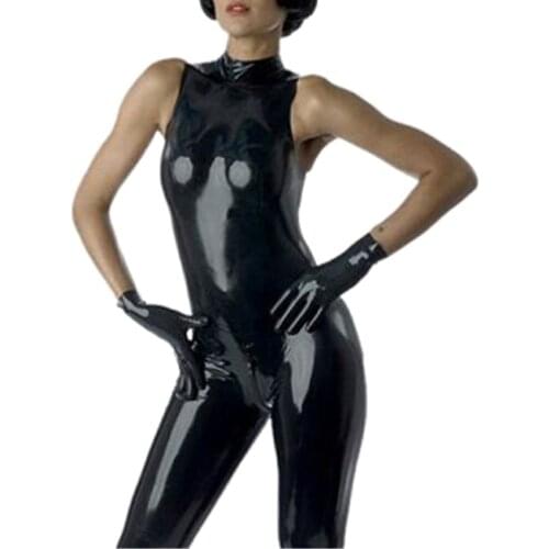 Women Latex Catsuit Black Sleeveless Rubber Jumpsuit And Gloves Plus Size Straitjacket Customize Service BNLC015