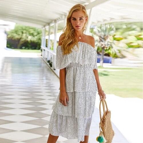 2021 Europe and United States sexy dot print off shoulder dresses Summer short sleeveless ruffle elegant casual women dress