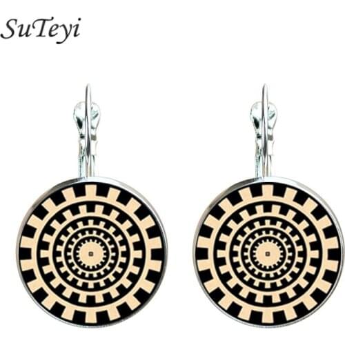 2020 Sacred Geometry Earrings Vintage Antique Gold Silver Color Mandela Henna Yoga Glass Dome Stud Earrings For Women