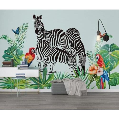 Watercolor Tropical Wall Mural Zebra Parrot Wallpaper Nordic Rain Forest Art Wall Decor Makeup Backdrop Hand Painted Wall Papers