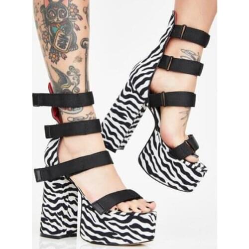 Carpaton Summer Super High Platform Thick Heels Sandals for Woman Open Toe Zebra Printed Ankle Strap Gladiator Shoes Size 36-42