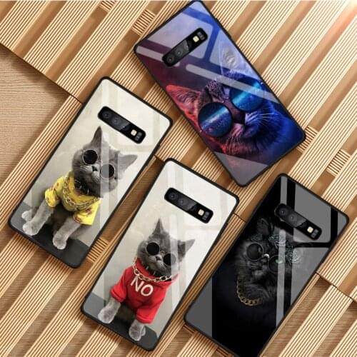 Cat Glasses Cool Tempered Glass Phone Case For Samsung Galaxy S8 S9 S10 S20 PLUS J8 J6 J4 2018 NOTE 8 9 10 Cover Shell