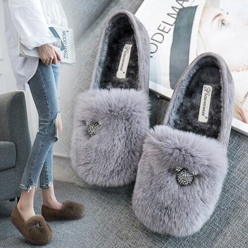 Elegant Crystal mickey footwear femme new ladies loafer fluffy rex rabbit fur velvet mom moccasins comfy warm winter brand flats