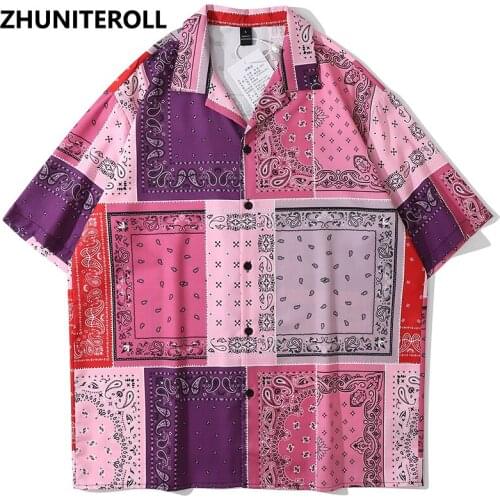 2021 Paisley Print Hawaiian Beach Shirts Hip Hop Button Shirt Mens Block Fashion Short Sleeve Holiday Party Blouse Tops Clothing