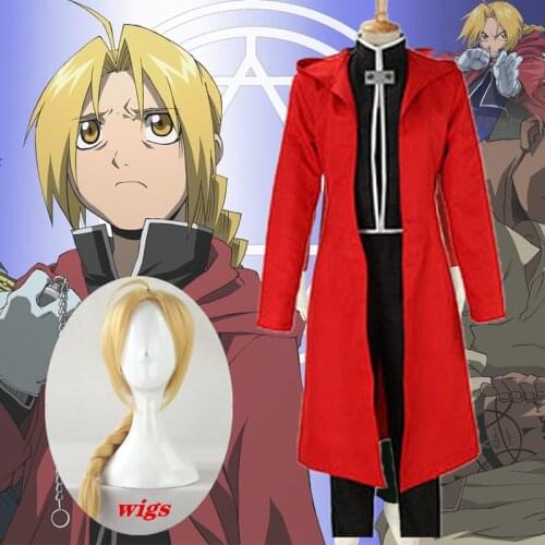 Anime Full Metal Alchemist Cosplay Edward Elric Costume + cosplay wigs FullMetal Alchemist hooded coat Custom Made full set