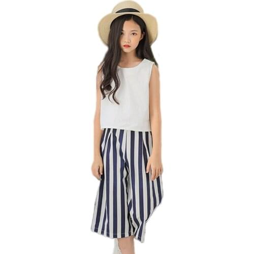 Striped chinese style 2pcs sets back to school outfits sleeveless summer big girls clothes age for 6 - 16 yrs teenage girls sets