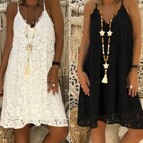 Women Summer Plus Size Lace Dress 2020 Casual Loose Solid Sleeveless Sling Beach Party Dress Sexy Lace Vestido White Midi Dresse