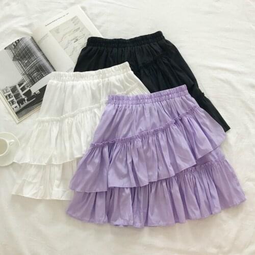 Sweet Cakee Cotton Short Skirts Elastic Waist Ruffled Tiered A-line Mini Skirts Violet White