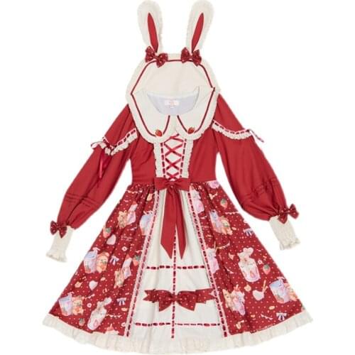Sweet Red Lolita Dress Classic Christmas Strawberry milkshake Kawaii Cute Dress
