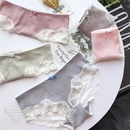 Cute Sweet Lace-Trimmed Cotton Womens Underwear Solid Color Low-Waist Panties Threaded Seamless Briefs Sex Female Lingerie