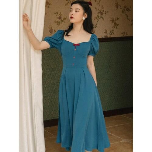 Princess Blue Bowknot Cute Square Neck Retro Dresses 2021 Summer Puff Sleeve Fairy French Gentle Style Dress Vestidos de fiesta