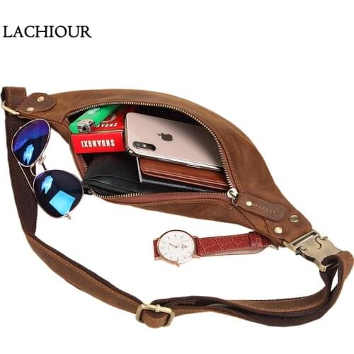 Men Crazy Horse Real Leather Waist Bag Mens Vintage Genuine Leather Fanny Pack Male Belt Hip Phone Pouch Bag