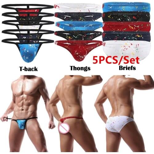 5PCS/Set Men Thongs Graffiti Printed G-string Gay Low Waist Jockstrap T-back Briefs Bulge Pouch Panties Men Underwear Underpants