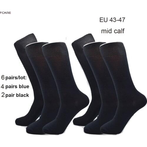 Fcare 12PCS=6 pairs plus size laarge mid calf business cotton socks calcetines men crew cotton dress wedding black blue socks