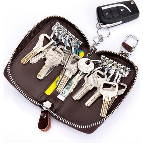 New Genuine Leather Man Key Wallets Long Square High Capacity Cowhide ID Card Holder Zipper Multi-function Car Key Chain Wallet