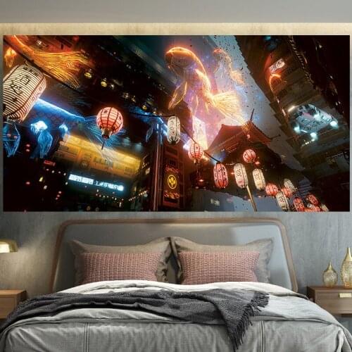 Psychedelic Fish Tapestry Japanese Tapestry Wall Decor Street Scenery Wall Carpet Bedroom Background