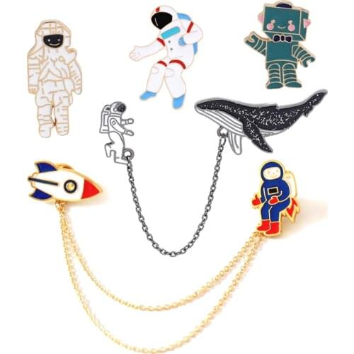 Robot Rocket Astronaut Whales Cartoon Brooches Tassel Pins Clothes Collar Lapel Pin Badges Women fashion Jewelry wholesale Gifts