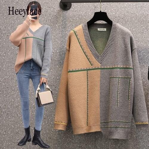 Plus size Autumn Winter v-neck oversize Pullover knitted Sweater Women warm female loose cashmere Basic wool patchwork Sweaters