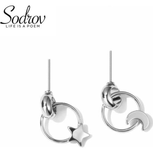 SODROV 925 Sterling Silver Moon&Star Stud Earring for Women Fine Party Jewelry E048