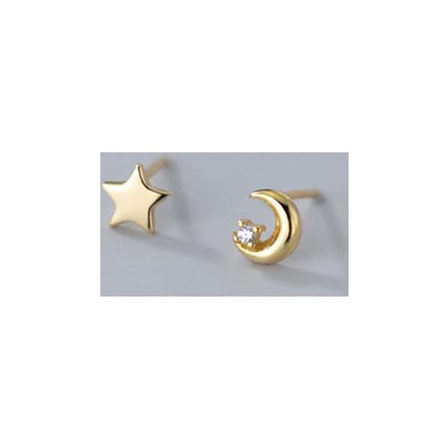 AIFENAO Real 925 Sterling Silver Small Moon and Star Stud Earrings for Women Girl Zircon Korean Asymmetrical Jewelry Wholesale