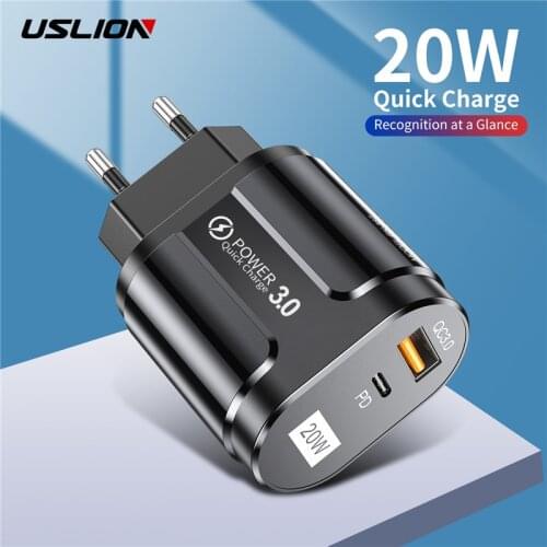 USLION 20W USB PD Charger EU US Plug 3A Quik Charge 3.0 Mobile Phone Charger For iPhone 12 Samsung Xiaomi Fast Wall Chargers
