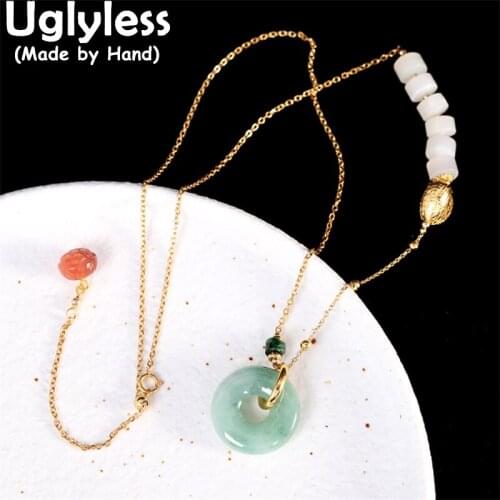 Uglyless Oriental Aesthetics Poetry Lotus Pond Jade Medal Pendants for Women Gold 925 Silver Lotus Necklaces NO Chains Gemstones