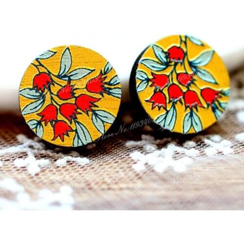 Unique 3D Flower Embossed 16mm Round Coloured Drawing pattern Laser Cut wood Cabochon DIY for Rings, Earring,Brooch,Necklace