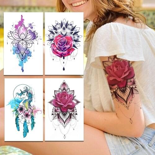 Rose Mehndi Flower Temporary Tattoos For Kids Women Watercolor Lotus Tattoo Sticker Unicorn Feather Pendants Tatoos Body Art Arm