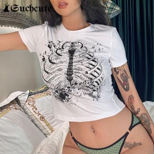 SUCHCUTE Gothic Women T Shirts Vintage Print Harajuku Kawaii Short Sleeve Casual Crop Top O Neck Summer Y2K Tee Shirt Clothes
