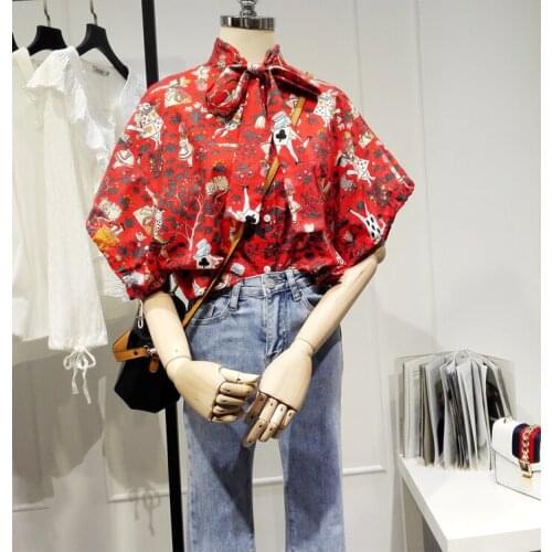 Womens Spring Summer Runway Fashion Short Sleeve Plus Size Print Shirt Female High Waist Casual OL Blouse Tees Tops TB1640