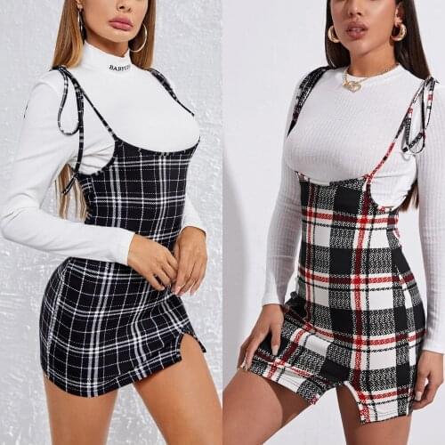 Dresses Woman Spring Undefined Vintage Casual Plaid Strap Bag Hip Mini Dress